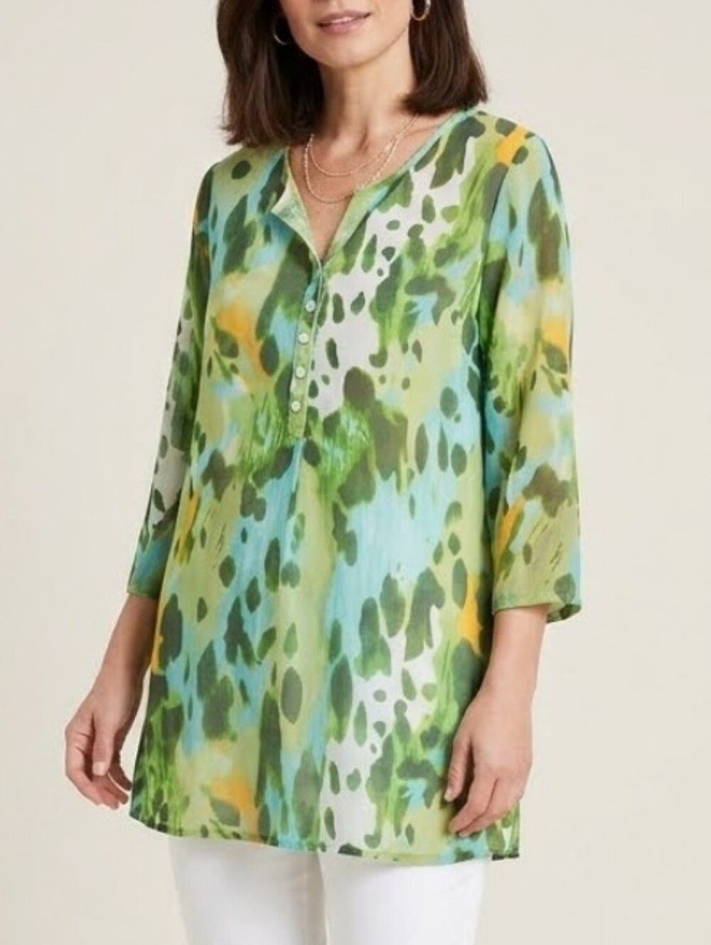 Isaac Mizrahi Green Blue Abstract Watercolor Tunic Blouse